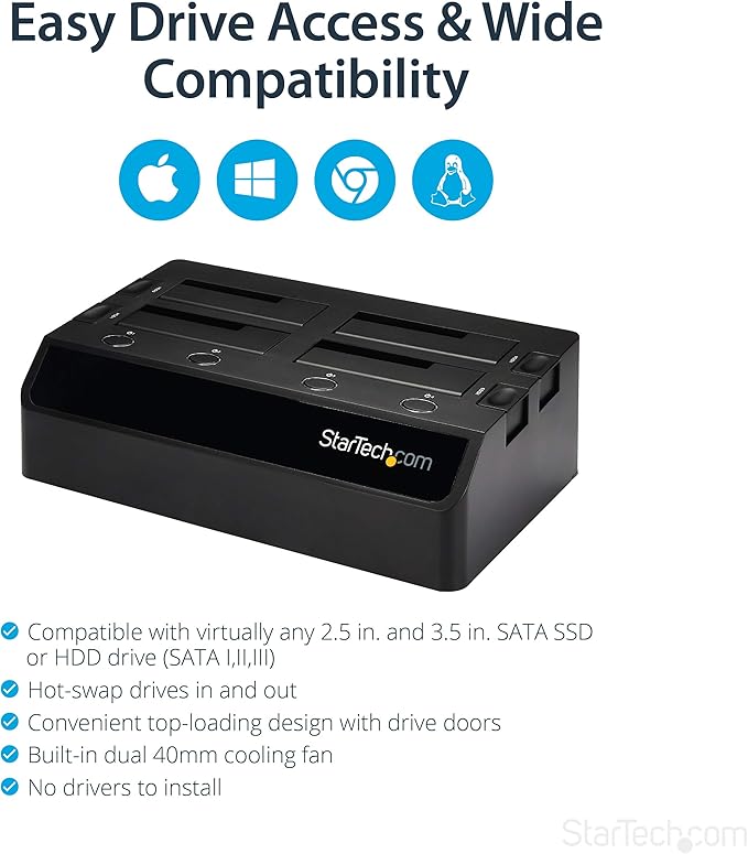 StarTech.com 4-Bay USB 3.0 To SATA Hard Drive Docking Station, USB Hard Drive Dock, External 2.5/3.5" SATA III SSD/HDD Docking Station, Hot-Swap Hard Drive Bay, Top-Loading (SDOCK4U33),Black
