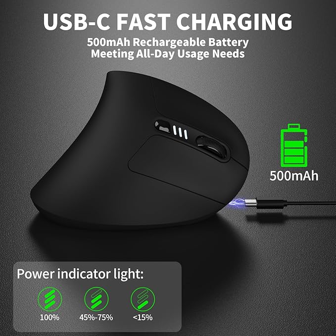 Uineer Ergonomic Mouse, Wireless Bluetooth Rechargeable Vertical Mouse, 7 Color LED, 4 DPI Adjustable, USB-A, Wrist Strain Relief,Optical Mice for Computer/PC/Laptop, Black