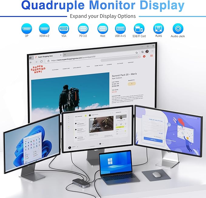 MOKiN Laptop Docking Station 4 Monitors, 16 in 1 USB C Docking Station Triple Monitor, USB C Dock with 2 HDMI, DP, 100W PD, USB 3.1/3.0/2.0, RJ 45 Ethernet, SD/TF, Audio for Dell/HP/Lenovo/Asus/Acer