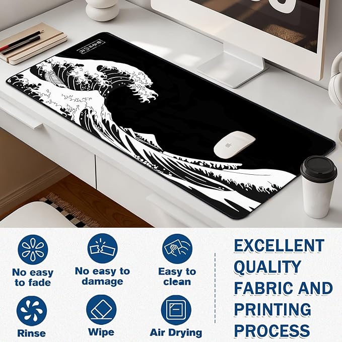 Mouse Pad Gaming - Desk Mat for Keyboard and Mouse - Japanese Sea Wave Large Mouse Pads for Desk, Desks Pad(35.4" X 15.7") with Non-Slip Base, Kanagawa Gaming Mousepad for Game, Office and Home