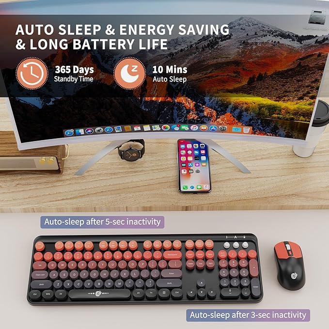 FOPETT Wireless Keyboard and Mouse Combo - 2.4G Full-Sized Cute Colorful Mouse and Keyboard with 104 Round Keys Retro Typewriter Keyboard for Laptop/Windows/PC - Orange Gradient