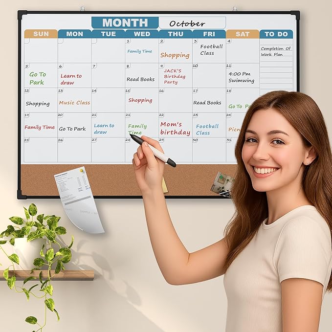 Monthly Calendar Dry Erase Board 36x24 Inch, Double-Sided Whiteboard and Corkboard Combo with Black Aluminum Frame (Color Calendar), Wall Mounted Planner with Marker, Magnet, Push Pin, Eraser
