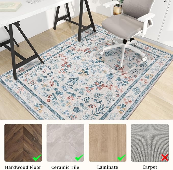 chakme Office Chair Mat for Hardwood Floor, 60"x45" Easy Glide Computer Desk Mat Protector for Rolling Chair Under Desk Rug Nonslip Backing, Machine Wash, (Floral)