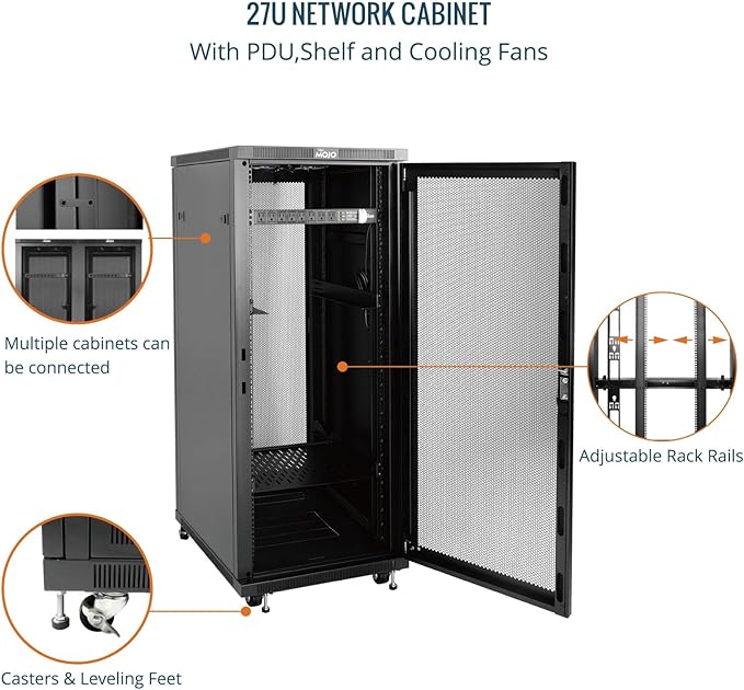 Tecmojo Network Rack Cabinet,27U Server Rack,31.5 Inch Depth,Hold Up to 1800Lbs,Lockable Cabinet with Casters and Complete Accessories,Mesh Door,for Home,Office,Small Business (27U 23.6" w*31.5" d)