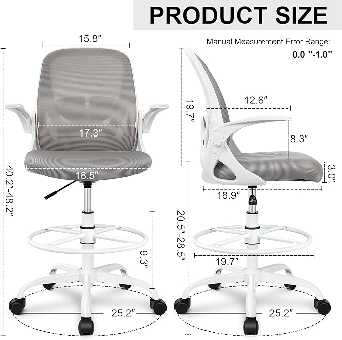 Ergonomic Drafting Chair with Flip-Up Armrests & Adjustable Footrest – Tall Office Chair for Standing Desks, Lumbar Support, Gray – Home & Office Comfort