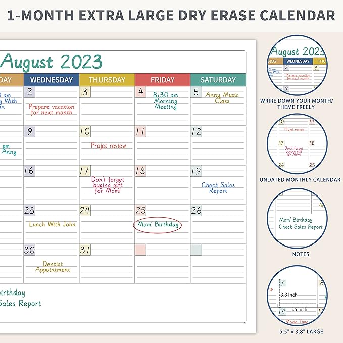 Large Dry Erase Calendar for Wall - Undated Dry Erase Calendar, Erasable Laminated Calendars for Wall with 8 Round Stickers, 40" x 28", Monthly Calendars for Office, Home, Classroom - Colorful