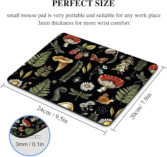 Black Mushroom Mouse Pad Cute, Vintage Cottagecore Aesthetic Flower Square Mousepad Washable Magic Nature Forest Moth Plant Leaf Mouse Mat Non-Slip for Desk Gaming Office Laptop Wireless Mouse