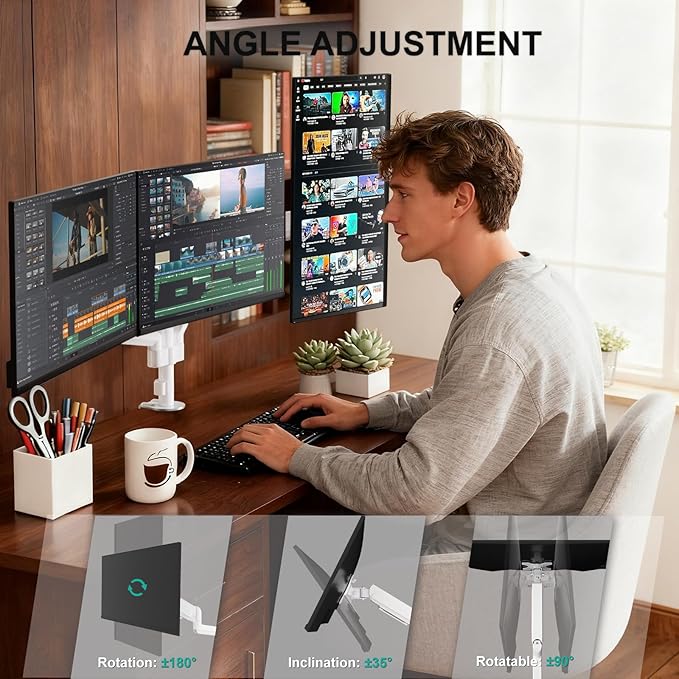 WALI Triple Monitor Mount for 13-32 inch Screens, Adjustable 3 Monitor Desk Mount with Swivel, Tilt, Clamp & Grommet Kit, Gas Spring Arm Triple Monitor Stand, VESA 75x75/100x100mm (GSDM003W), White