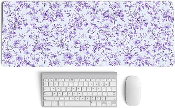 Purple Chinoiserie Mouse Pad,Vintage Purple and White Floral Desk Mat,XL Large Vintage Flowers Preppy Mouse Pad,Girly Laptop Desk Mat for Dorm Home Office,31.5x11.8 Inch