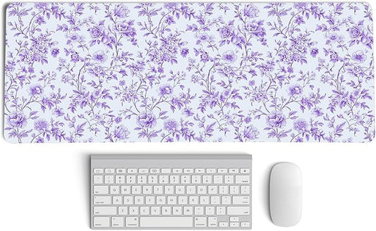 Purple Chinoiserie Mouse Pad,Vintage Purple and White Floral Desk Mat,XL Large Vintage Flowers Preppy Mouse Pad,Girly Laptop Desk Mat for Dorm Home Office,31.5x11.8 Inch