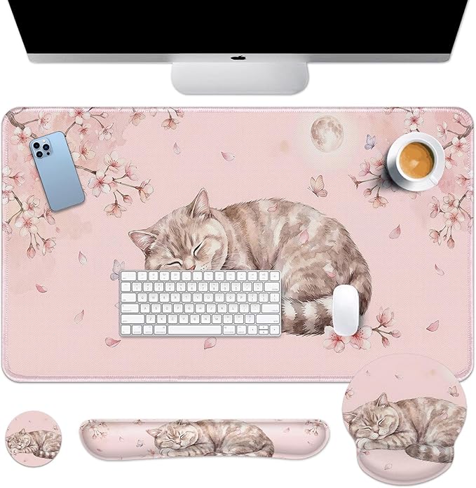 Arttown Cat Pink Floral Desk Mat Kawaii Mouse Pad Set 4 in 1 Ergonomic Design Large Mouse Pad + Keyboard Wrist Rest + Mouse Wrist Rest + Coaster Suitable for Home Office Study Game