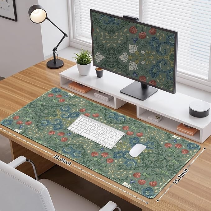 Desk Mat for Keyboard and Mouse, Large Mouse Pad Non-Slip Keyboard Pad, Computer Mats for Desktop, Cute Desk Pad with Stitched Edges for Office, Gaming I Sage Green Botanical