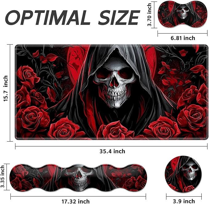Gaming Mouse Pad Set, Red Rose Skull Large Desk Mat Mousepad, Keyboard Wrist Support, Mouse Wrist Rest, Coaster 4in1 Ergonomic Memory Foam, Non-Slip Stitched Edge for Home Office