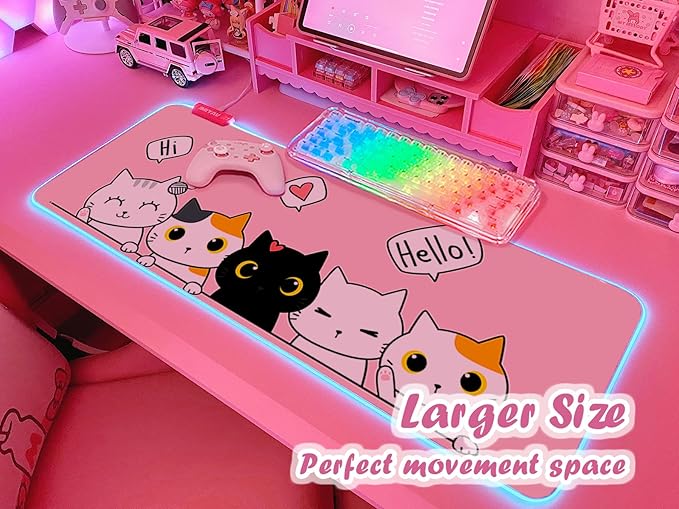 JMIYAV Pink Kawaii Cat RGB Gaming Mouse Pad 31.5x12 Inch PC XL Large Extended Glowing Led Light Up Cool Mouse pad Desk Pad Non-Slip Rubber Computer Mouse Mat Cute Mousepad 31.5x12 Inch