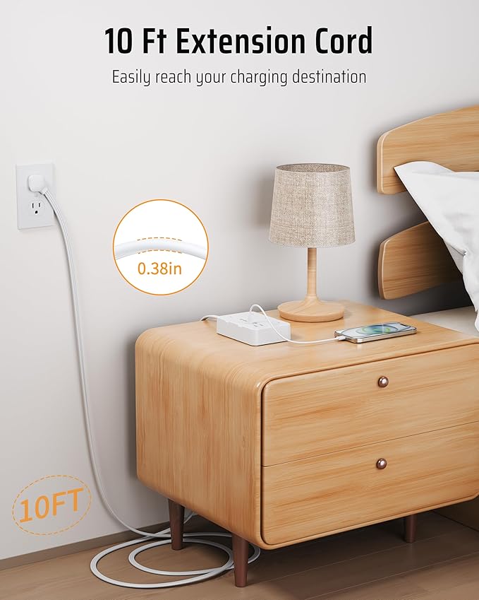 Surge Protector Power Strip with Flat Plug, 10 FT Extension Cord with 6 AC Outlets 4 USB Ports(2 USB-C),1050J Surge Protection, Wall Mountable Charging Station for Office, Home, White