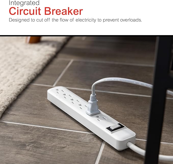 GE 6-Outlet Surge Protector, 2 Ft Extension Cord, Power Strip, 450 Joules, Twist-to-Close Safety Covers, UL Listed, White, 33656