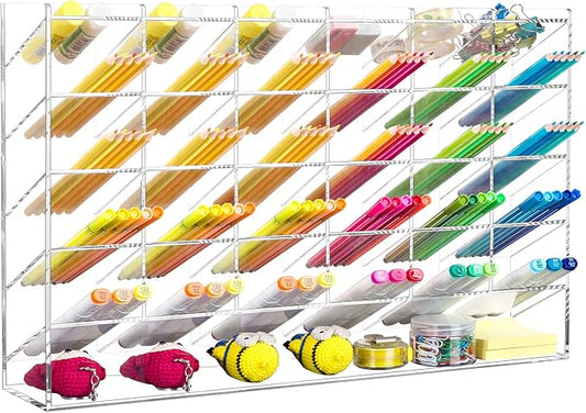 BEYGORM Acrylic Vertical Marker Organizer for 375 Markers with 31 Compartments, Clear Angled Pen & Pencil Holder, Large Desk Stationery & Art Supply Storage for Office & School (17.9x 12.4 x 4 Inch)