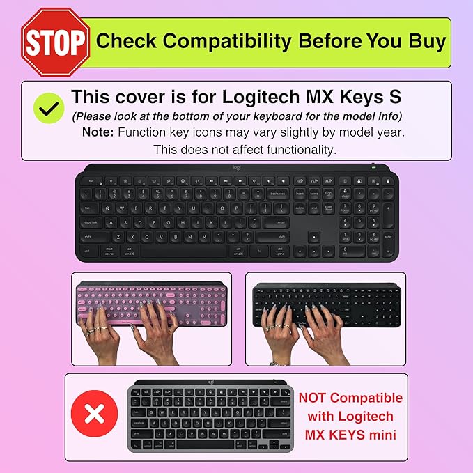 TIPPY TYPE Raised Keyboard Cover for Long Nails – Fits Logitech MX Keys S Full-Size Keyboard - Silicone - The Original - Comfortable Typing, Quiet, Nail Protection (Matte Black)