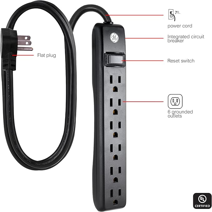 GE 6-Outlet Power Strip, 7 Ft Power Cord, Flat Plug, 3 Prong Outlet, UL Listed, Black