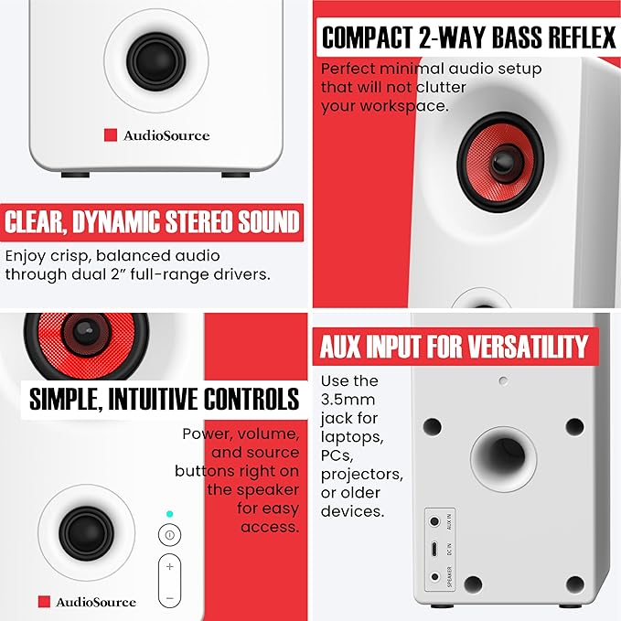 Audiosource Desktop PC Speakers with Bluetooth 5.3, USB-C Plug & Play, 2.0 Stereo Computer Speakers with Dual 2" Drivers, AUX Input, LED Indicator, Compact Design for PC, Laptop & Home Office (White)