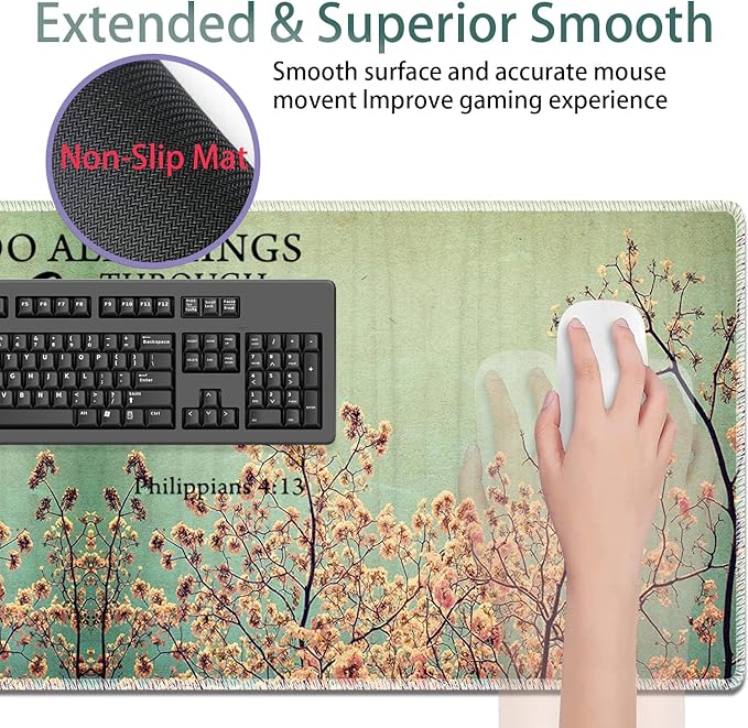 Large Gaming Mouse Pad + Keyboard Wrist Rest + Wrist Support + Coaster Set, Memory Foam Ergonomic for Easy Typing, XXL Extended Gaming Mouse Pad Table Pad - Sakura Philippians 4-13
