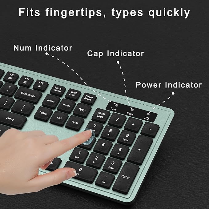 Wireless Keyboard and Mouse Combo, Full-Size 104-Key Office Keyboard with 15 Function Keys, Numeric Keypad, Single USB Receiver, Compatible with PC and Laptop(Green)
