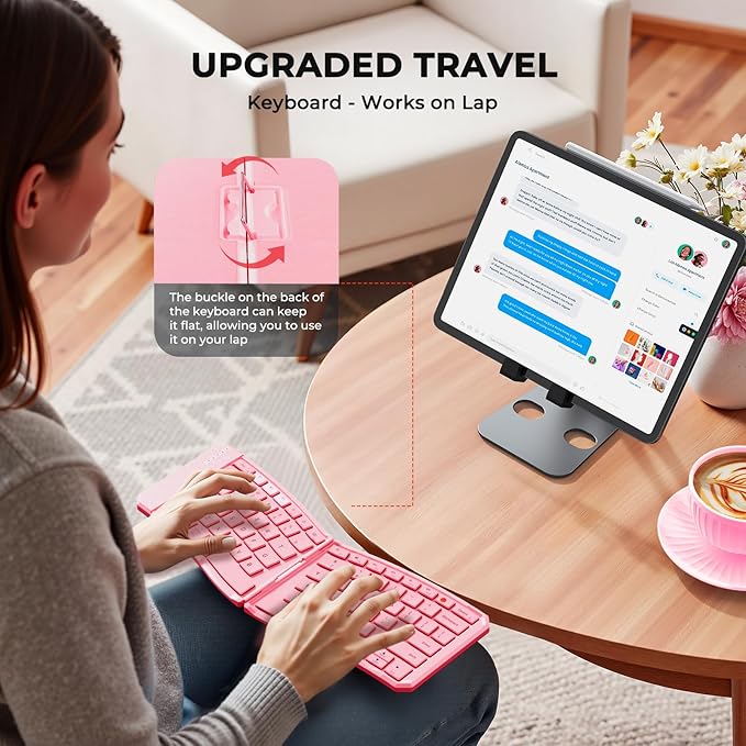 MEETION Ergonomic Foldable Bluetooth Keyboard, Split Compact Portable Keyboard for Business Travel, Ultra-Thin Folding Rechargeable Wireless Keyboards for iOS Android Windows Mac Tablet PC, Pink