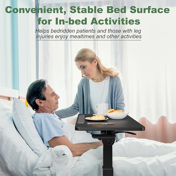 Adjustable Overbed Bedside Table - 90° Tiltable Mobile Standing Desk Portable Rolling Computer Cart Movable Desk for Laptop Bed Sofa Side Table Hospital Home Use(15.8" W x 31.5" D, Black)