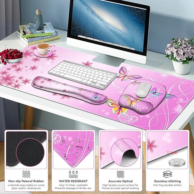 Mouse Pad with Wrist Support 4 in1 Set, XXL Big Game Mousepad + Keyboard Wrist Rest + Mouse Wrist Rest Pad +Coaster Gaming Mat for Work Study Home Office I Gradient Pink Butterfly Flower
