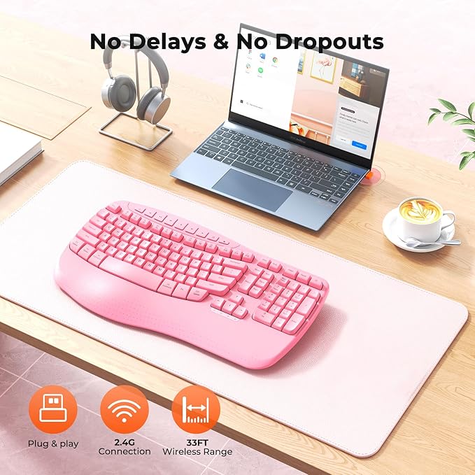 MEETION Wireless Ergonomic Keyboard, Wave Keys Wrist Rest for Natural Typing, 2.4G USB-A Cordless Receiver and USB-C Adapter, Ergo Computer Keyboard Compatible with Windows/Mac/PC/Laptop, Pink