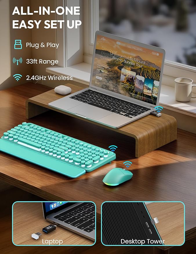 Wireless Keyboard and Mouse Combo - Backlit Typewriter Keyboard with Magnetic Wrist Rest & Phone Holder, Light Up Round Keycaps, 2.4GHz Cordless Set for Mac, Windows, PC, Laptop, SABLUTE