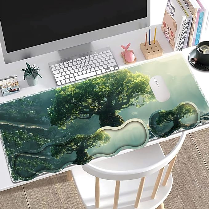Large Gaming Mouse Pad + Keyboard Wrist Rest + Wrist Support + Coaster Set, Memory Foam Ergonomic for Easy Typing, XXL Extended Gaming Mouse Pad Table Pad - Tree of Life