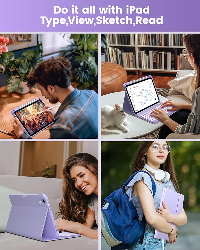 typecase Folio Keyboard Case for iPad 10th Gen 10.9 inch (2022) and iPad 11th (A16, 2025), Magnetic Wireless Detachable Keyboard, 7-Color Backlight, Thin & Light, Pencil Holder – Light Purple