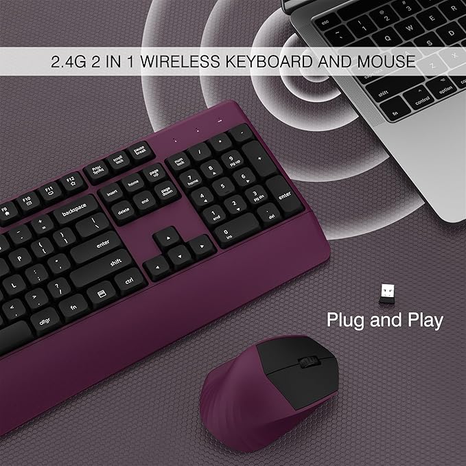 Wireless Keyboard and Mouse Combo, Full-Sized 104 Keys 2.4GHz Wireless Keyboard with Palm Rest and Wireless Mouse for Windows, Mac OS PC/Computer/Laptops/Desktops(Burgundy)