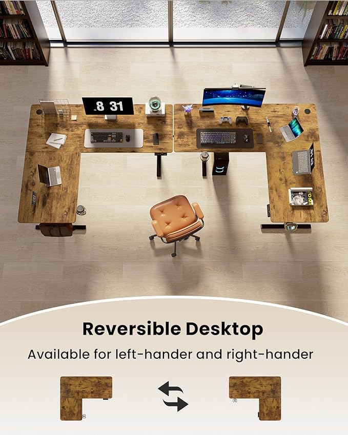 75X61 Inches Reversible L Shaped Standing Desk Height Adjustable, Electric Corner Computer Desk with Cup Holder, Sit Stand up Home Office Desk, Ergonomic Gaming Desk, Rustic Brown