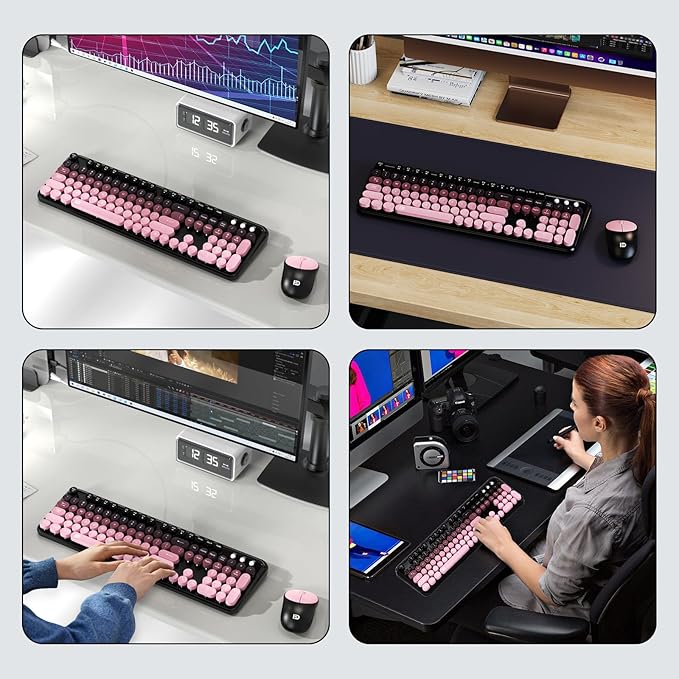 Wireless Keyboards and Mouse Combos, Colorful Cute Typewriter Full-Size Retro Creamy Keyboard, 2.4GHz Sleep Mode Office Quiet Wireless Keyboard and Mouse Set for Desktop Laptop PC Computer-BlackBerry