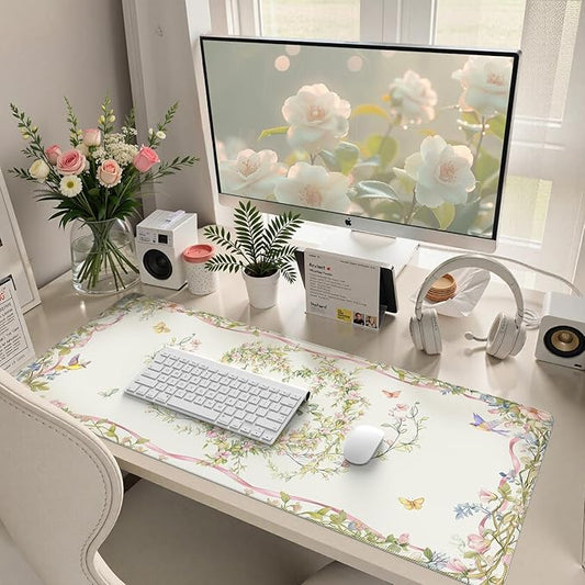 HAOCOO Floral Bow Cute Desk Mat,Sweet Heart Keyboard Mats for Desk, XXL Mouse Pad with Non-Slip Rubber Base, Desk Pad Mat with Stitched Edges, Waterproof Computer Mats for Desktop, Desk Pad Protector