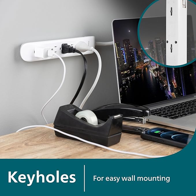 Philips 6 Outlet Power Strip Surge Protector, 4ft Power Cord, Flat Plug, Wall Mount, 720 Joules, ETL Listed, Circuit Breaker, Automatic Shutdown, White, SPP3064WE/37