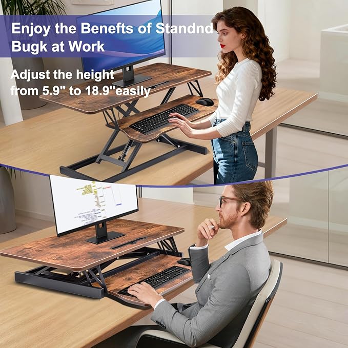 38-Inch Height Adjustable Standing Desk Converter, Duals Monitor & Laptop Riser with Wide Keyboard Tray, Sit to Stand Ergonomic Workstation for Home Office, School, Business, Tiger Brown