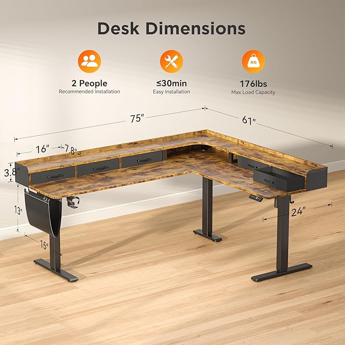 75 Inches Height Adjustable L Shaped Standing Desk with 5 Drawers and Monitor Shelf, Electric Sit to Stand Home Office Comupter Table, Ergonomic Corner Gaming Desk, Rustic Brown