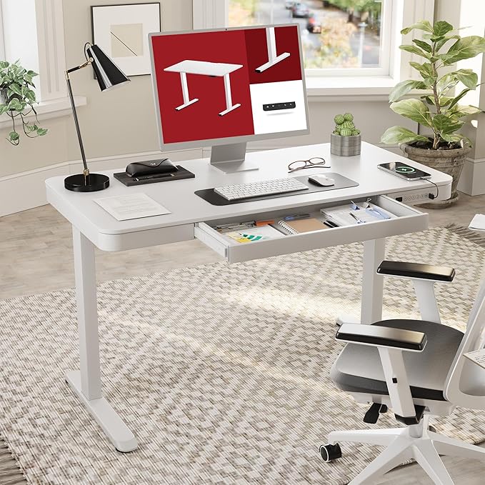 SANODESK Standing Desk with Drawer, Electric Height Adjustable Home Office Desk with Storage & USB Ports, 55 inch White Wood Tabletop/White Frame