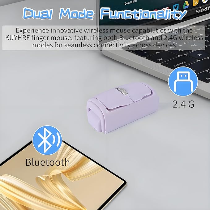 Mini Bluetooth Wireless Mouse Dual-Mode Lazy Finger Ring Mouse - Rotatable Horizontal & Vertical Use, Multi-System Compatible, Ultra Long Battery Life for Laptops, PCs, and Tablets (Purple)