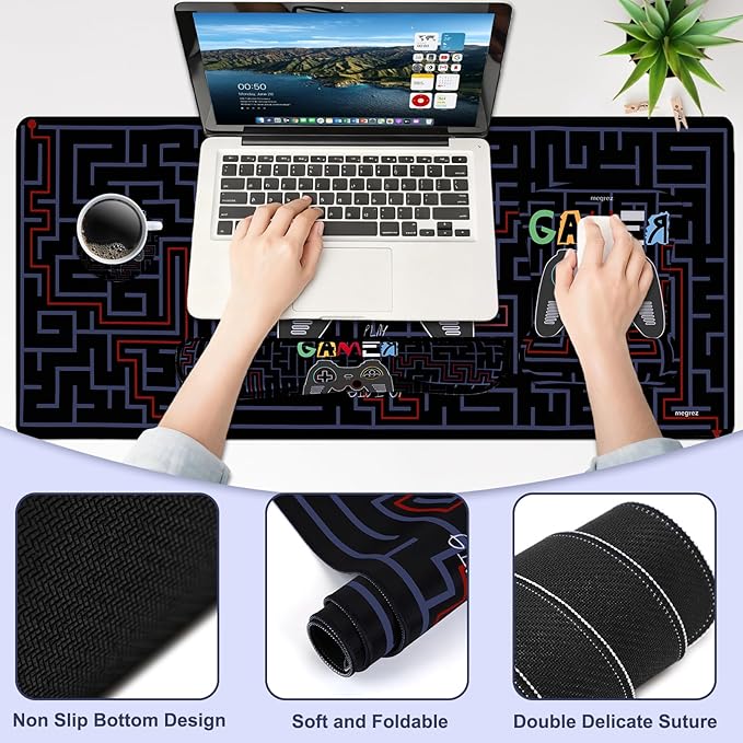 MEGREZ 4-in-1 Ergonomic Memory Foam Wrist Rest Set, Desk Pad, Mouse Pad with Wrist Rest, Keyboard Pad, Suitable for Office Workers, Programmers & Gamers–Relieve Typing & Gaming Fatigue, Black