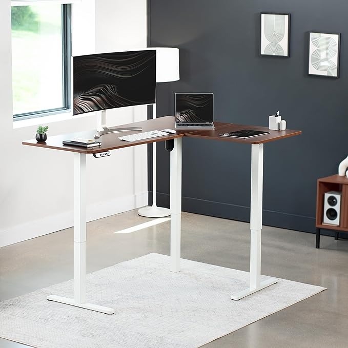 VIVO Corner Standing Desk, 63 x 47 inch Reversible L-Shaped Workstation, Electric Height Adjustment, Home, Office, and Reception Rooms, Dark Walnut Table Top White Frame, DESK-E3CTWD-47