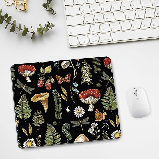 Black Mushroom Mouse Pad Cute, Vintage Cottagecore Aesthetic Flower Square Mousepad Washable Magic Nature Forest Moth Plant Leaf Mouse Mat Non-Slip for Desk Gaming Office Laptop Wireless Mouse