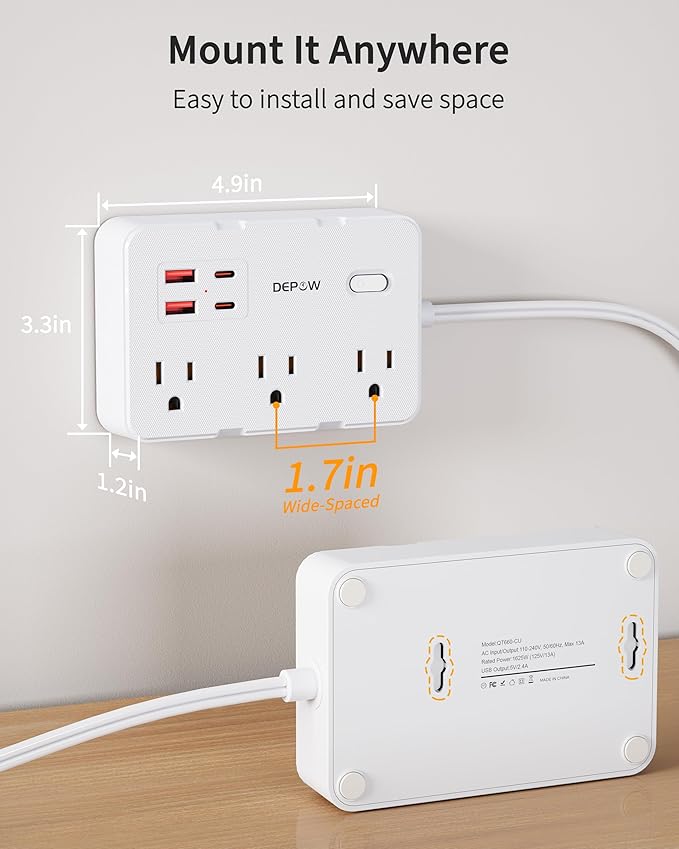 2 Prong to 3 Prong Adapter Power Strip - 6 Outlets & 4 USB Ports (2 USB-C), 1050J Two Prong Surge Protector, 5FT Extension Cord, Wall Mount - Ideal for Old Houses Non-Grounded Outlets