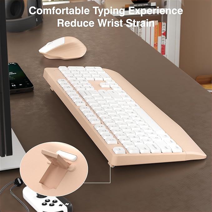 Wireless Keyboard and Mouse Combo, Full-Sized 104 Keys 2.4GHz Wireless Keyboard with Palm Rest and Wireless Mouse for Windows, Mac OS PC/Computer/Laptops/Desktops(Milk Tea)