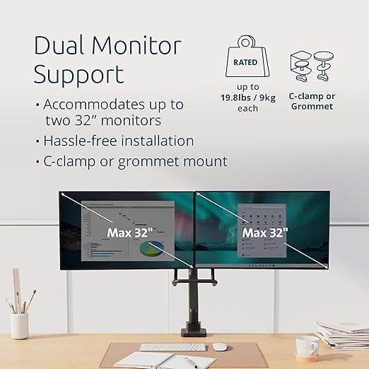Kensington SmartFit Dual Monitor Arm with Crossbar and Easy-Grip Handle for 2 Screens Up to 32 Inch 19.8lbs, Gas Spring Height-Adjustable C-clamp or Grommet Monitor Mount with Max VESA 75/100mm