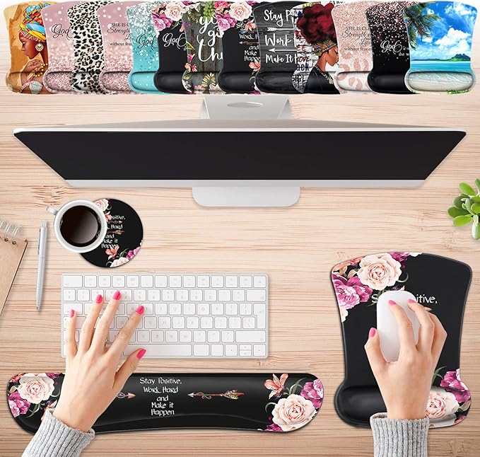 Keyboard Wrist Rest Pad and Ergonomic Mouse Pad Wrist Support Set Peony Flower Stay Positive Work Hard and Make It Happen for Gaming, Office, Comfortable and Pain Relief with Coaster Set