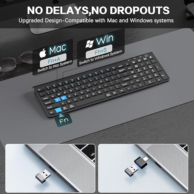 JOYACCESS Wireless Keyboard, 2.4G Ergonomic and Slim Wireless Keyboard with USB & Type C, Full Size and Portable Design for Computer/Laptop/Windows/Mac-Black